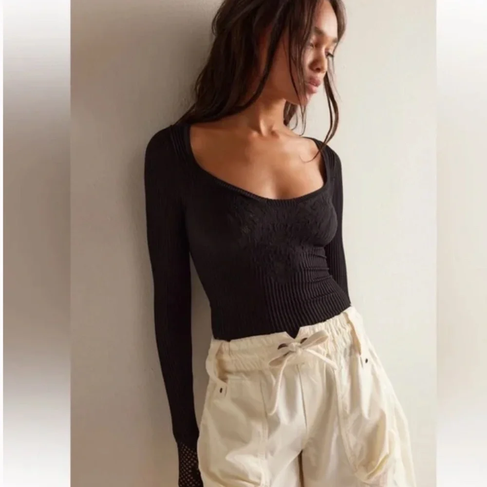 Free People Dynamic Duo Long Sleeve Ribbed Scoop Neck Top Black XS/S - Picture 2 of 13